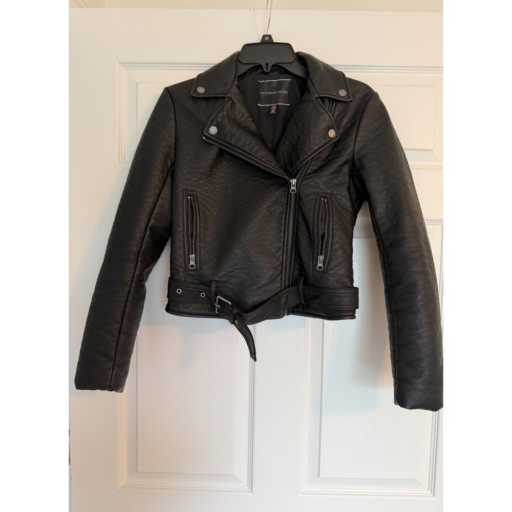 Victorias Secret Black Faux Leather Pebbled Moto Jacket Belted Cropped XS